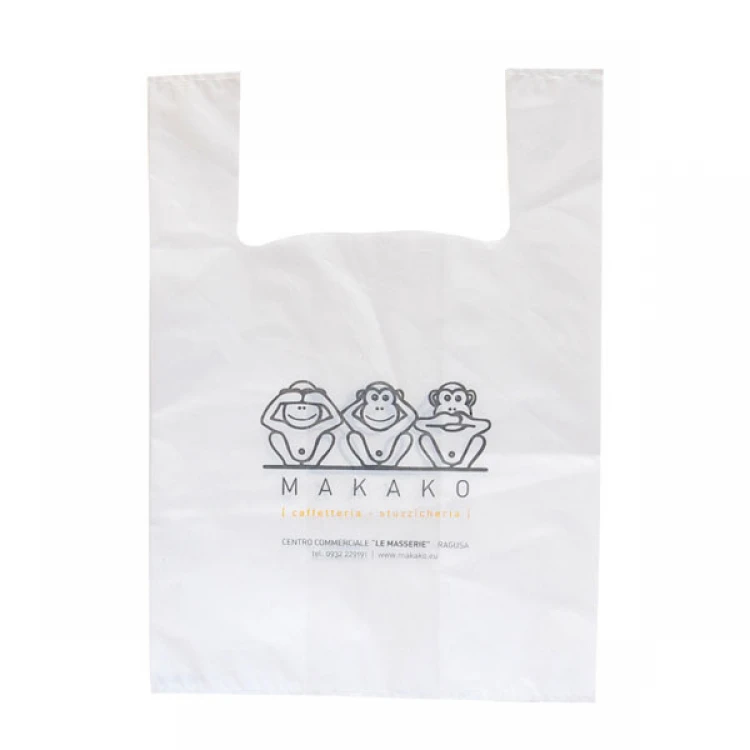 Busta in plastica con manici a canotta in polietilene per uso commerciale