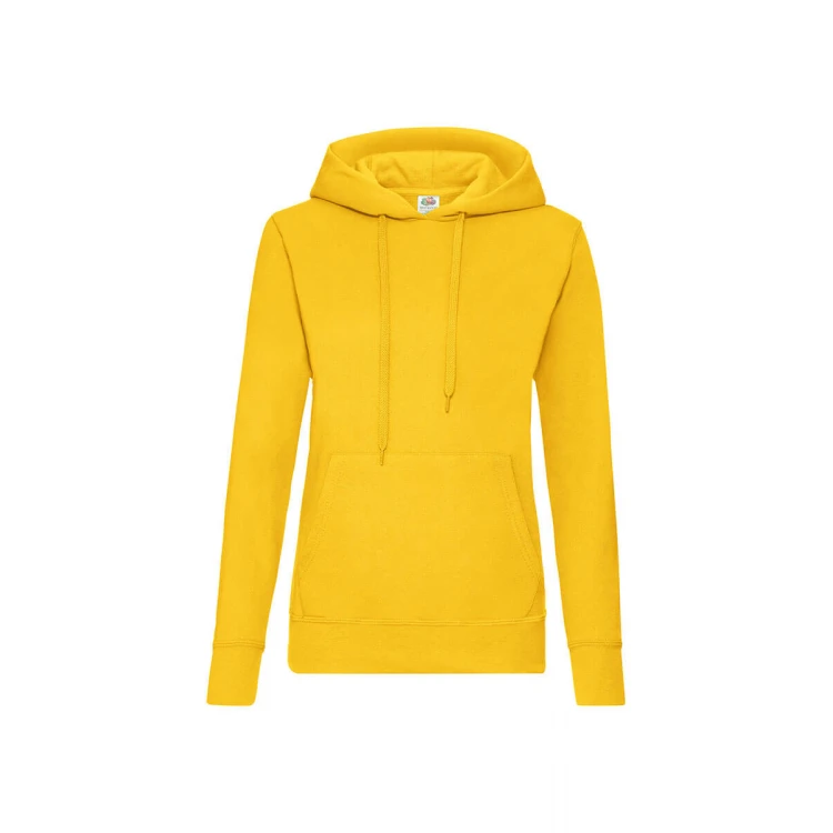 Sudadera mujer con capucha forrada y bolsillo tipo canguro, disponible para personalizar con logo