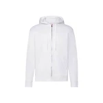 Sudadera gris con capucha forrada y cremallera completa, bolsillos tipo canguro y cuello de canalé, vista frontal