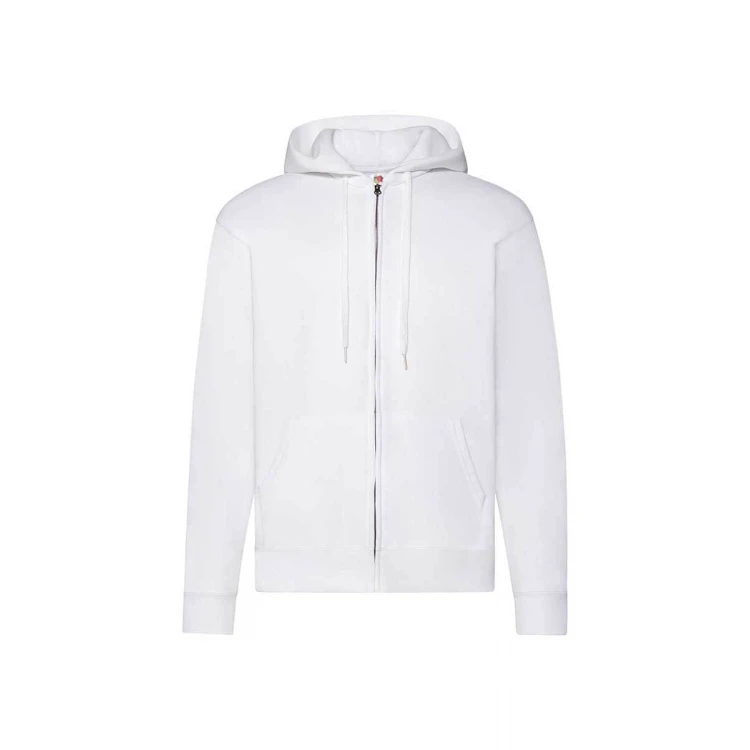 Sudadera gris con capucha forrada y cremallera completa, bolsillos tipo canguro y cuello de canalé, vista frontal