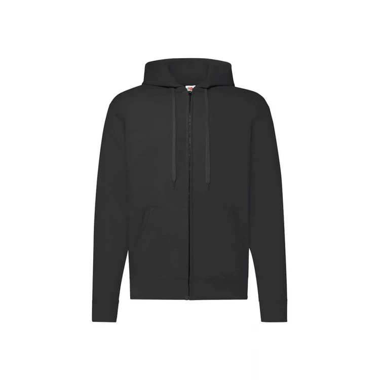 Sudadera gris con capucha forrada y cremallera completa, bolsillos tipo canguro y cuello de canalé, vista frontal