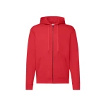 Sudadera gris con capucha forrada y cremallera completa, bolsillos tipo canguro y cuello de canalé, vista frontal