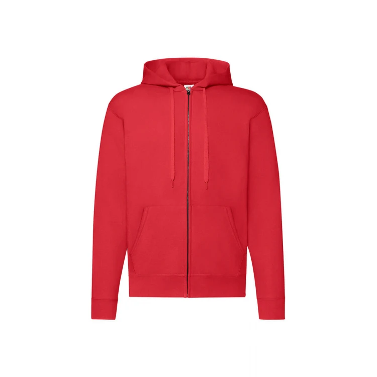 Sudadera gris con capucha forrada y cremallera completa, bolsillos tipo canguro y cuello de canalé, vista frontal