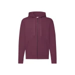Sudadera gris con capucha forrada y cremallera completa, bolsillos tipo canguro y cuello de canalé, vista frontal