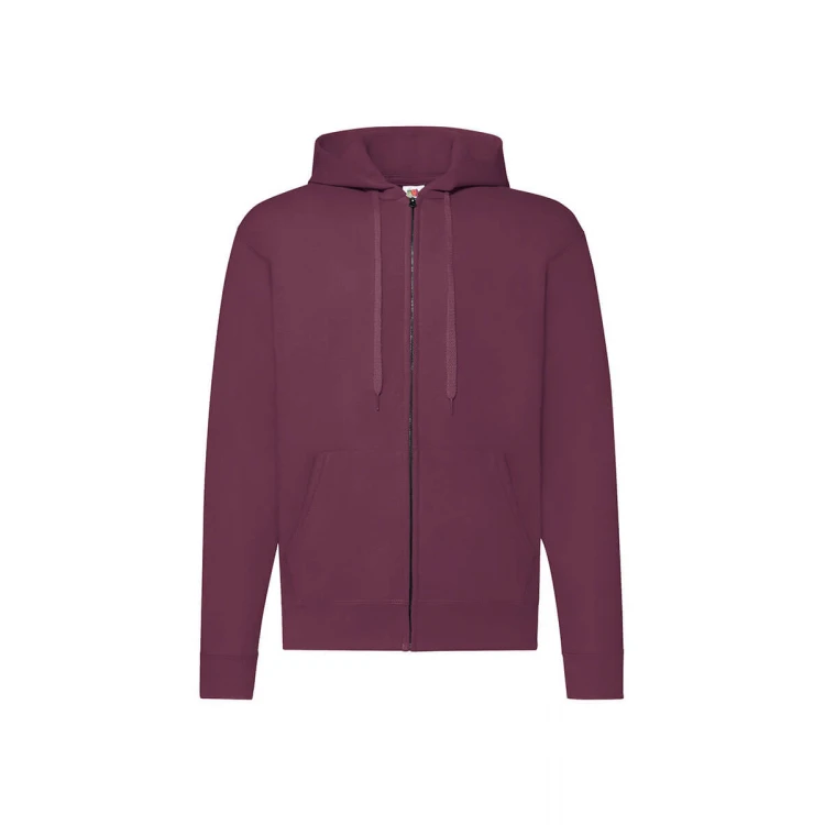 Sudadera gris con capucha forrada y cremallera completa, bolsillos tipo canguro y cuello de canalé, vista frontal
