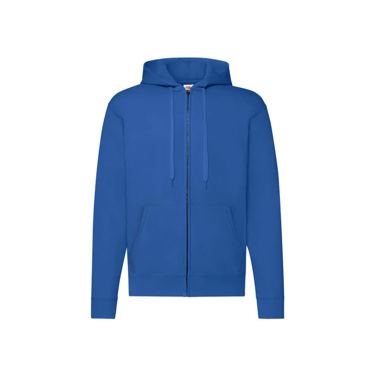 Sudadera gris con capucha forrada y cremallera completa, bolsillos tipo canguro y cuello de canalé, vista frontal