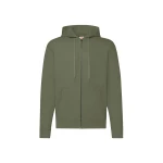 Sudadera gris con capucha forrada y cremallera completa, bolsillos tipo canguro y cuello de canalé, vista frontal