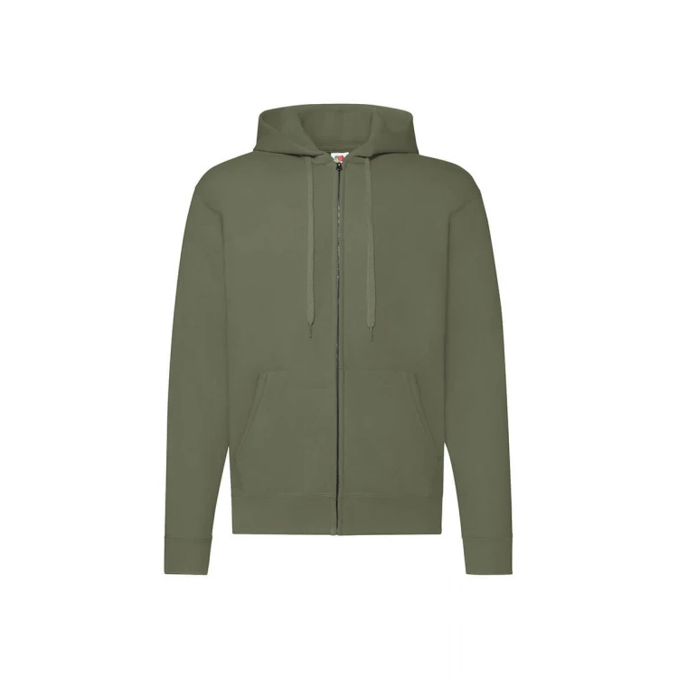 Sudadera gris con capucha forrada y cremallera completa, bolsillos tipo canguro y cuello de canalé, vista frontal
