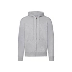 Sudadera gris con capucha forrada y cremallera completa, bolsillos tipo canguro y cuello de canalé, vista frontal