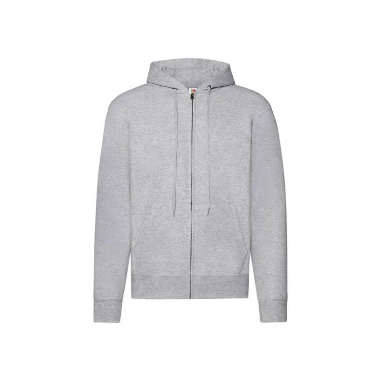Sudadera gris con capucha forrada y cremallera completa, bolsillos tipo canguro y cuello de canalé, vista frontal