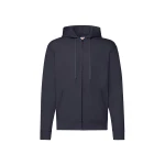 Sudadera gris con capucha forrada y cremallera completa, bolsillos tipo canguro y cuello de canalé, vista frontal