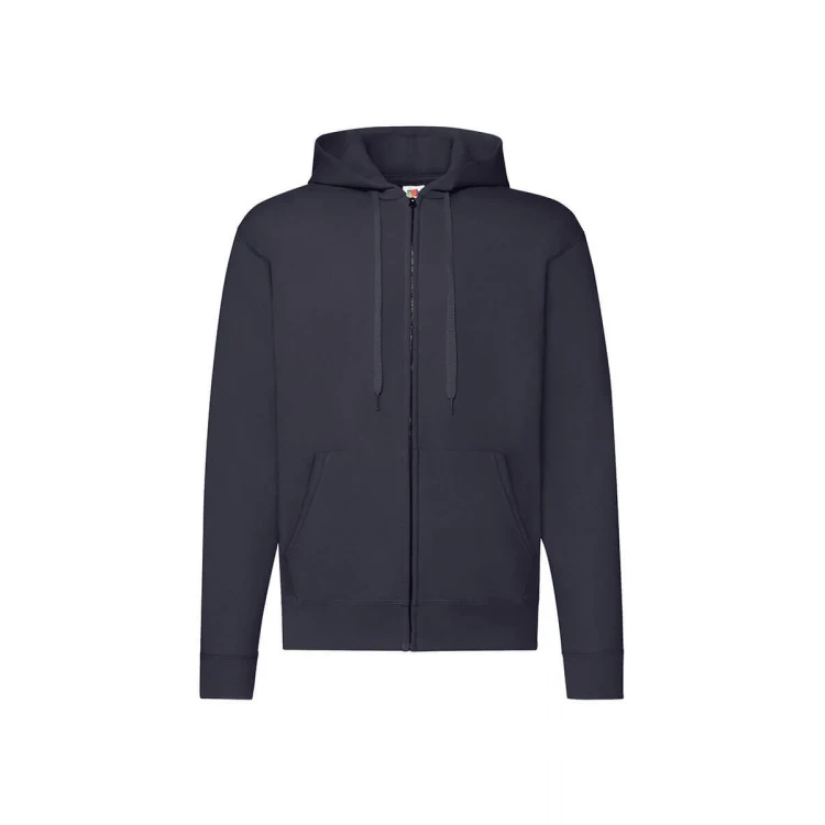 Sudadera gris con capucha forrada y cremallera completa, bolsillos tipo canguro y cuello de canalé, vista frontal