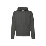 Sudadera gris con capucha forrada y cremallera completa, bolsillos tipo canguro y cuello de canalé, vista frontal