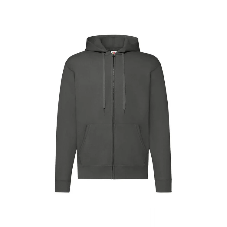 Sudadera gris con capucha forrada y cremallera completa, bolsillos tipo canguro y cuello de canalé, vista frontal