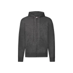 Sudadera gris con capucha forrada y cremallera completa, bolsillos tipo canguro y cuello de canalé, vista frontal