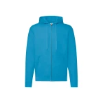 Sudadera gris con capucha forrada y cremallera completa, bolsillos tipo canguro y cuello de canalé, vista frontal