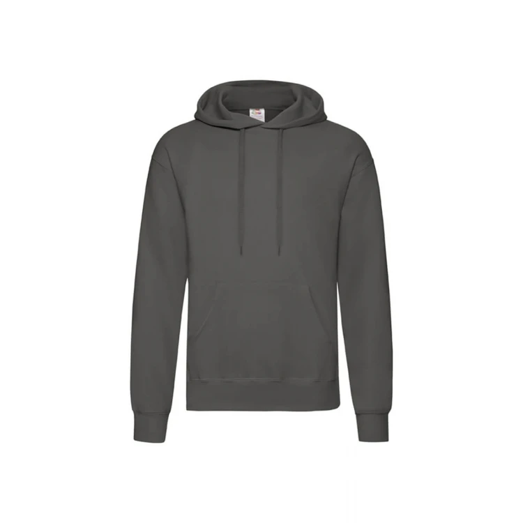 Sudadera gris oscuro FRUIT OF THE LOOM con capucha, bolsillo canguro, vista frontal, lista para personalización con logo