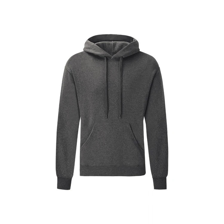 Sudadera gris oscuro FRUIT OF THE LOOM con capucha, bolsillo canguro, vista frontal, lista para personalización con logo