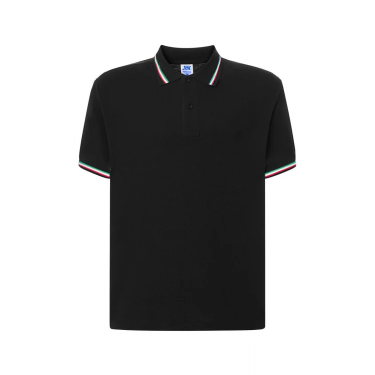 Polo en piqué de algodón con cuello, detalles tricolores en cuello y puño de manga, personalización con logo