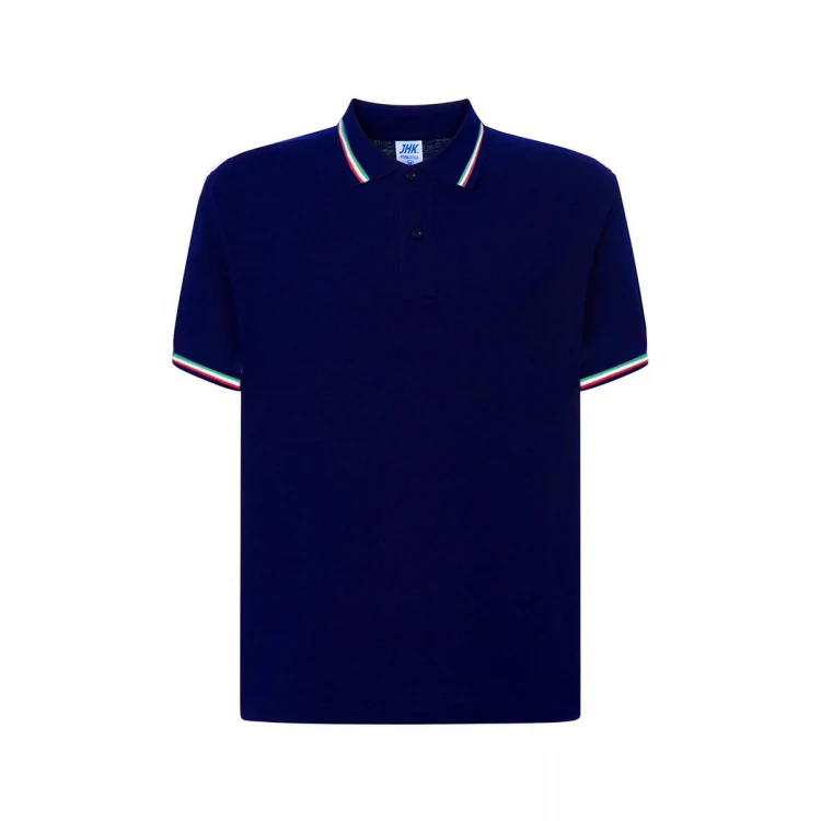 Polo en piqué de algodón con cuello, detalles tricolores en cuello y puño de manga, personalización con logo