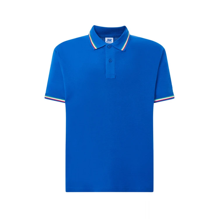 Polo en piqué de algodón con cuello, detalles tricolores en cuello y puño de manga, personalización con logo