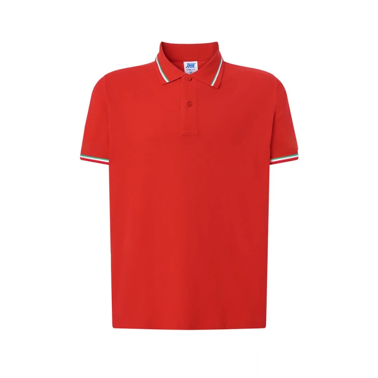 Polo en piqué de algodón con cuello, detalles tricolores en cuello y puño de manga, personalización con logo