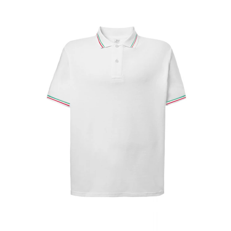 Polo en piqué de algodón con cuello, detalles tricolores en cuello y puño de manga, personalización con logo