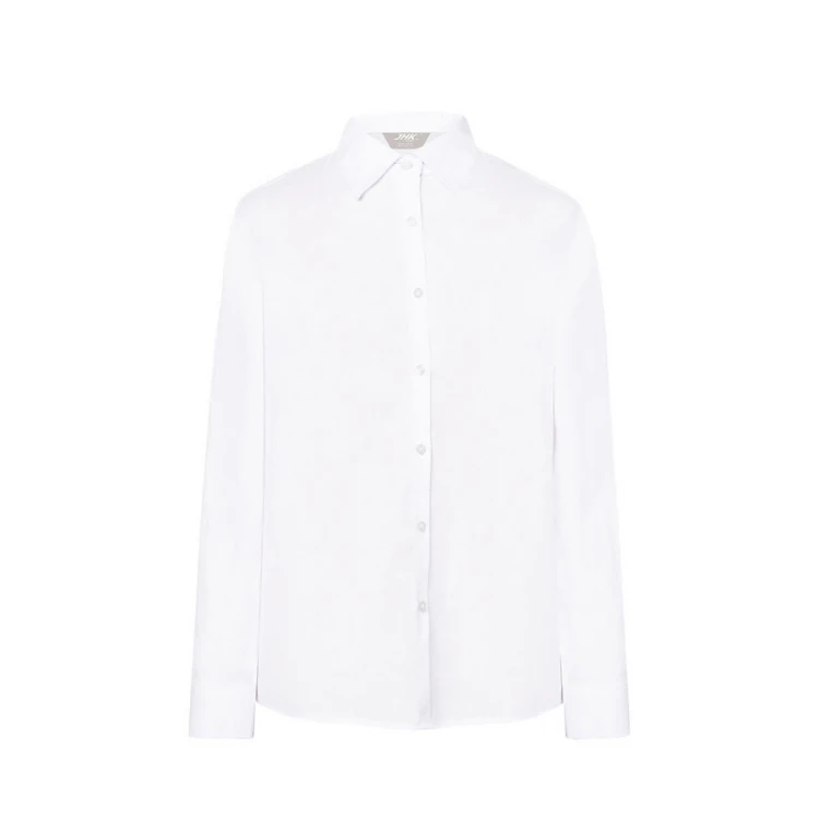 Camisa mujer Oxford LS JHK en algodón y poliéster reciclado con manga larga, disponible para personalizar con logotipo empresarial