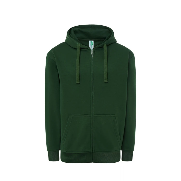 Sudadera hombre JHK con capucha, cremallera íntegra y bolsillos canguro, visible con etiqueta y detalles constructivos