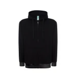 Sudadera hombre JHK con capucha, cremallera íntegra y bolsillos canguro, visible con etiqueta y detalles constructivos