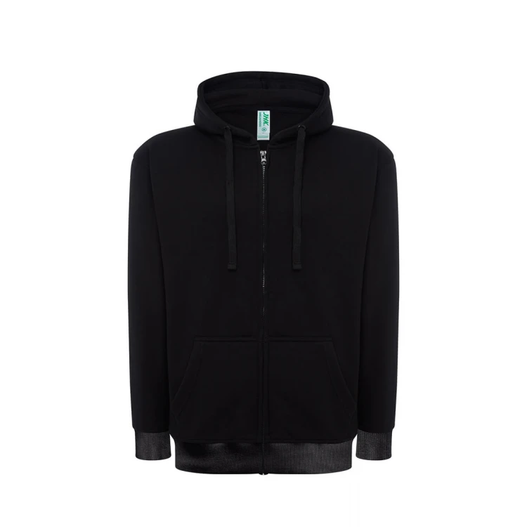 Sudadera hombre JHK con capucha, cremallera íntegra y bolsillos canguro, visible con etiqueta y detalles constructivos