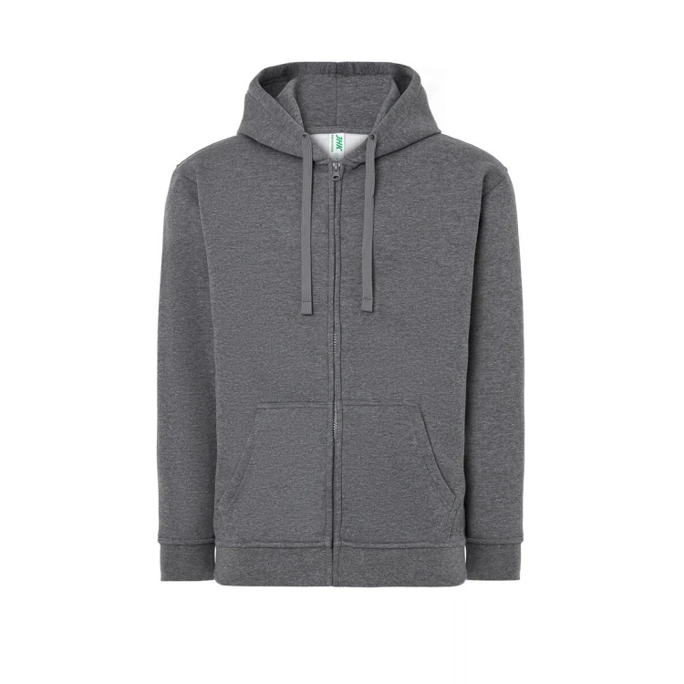 Sudadera hombre JHK con capucha, cremallera íntegra y bolsillos canguro, visible con etiqueta y detalles constructivos