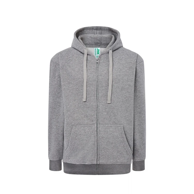 Sudadera hombre JHK con capucha, cremallera íntegra y bolsillos canguro, visible con etiqueta y detalles constructivos
