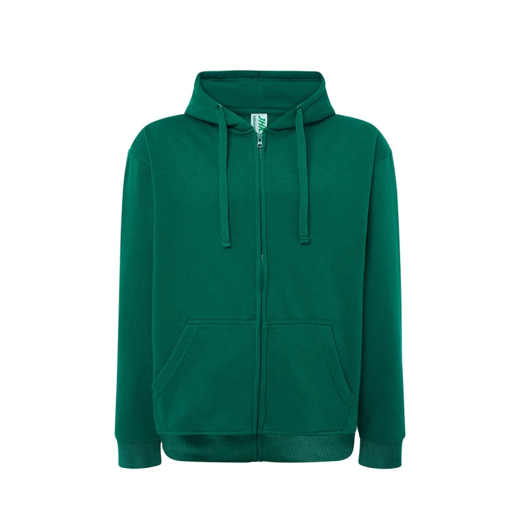 Sudadera hombre JHK con capucha, cremallera íntegra y bolsillos canguro, visible con etiqueta y detalles constructivos