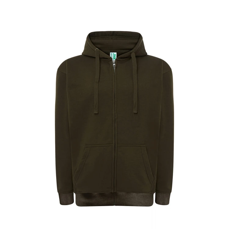 Sudadera hombre JHK con capucha, cremallera íntegra y bolsillos canguro, visible con etiqueta y detalles constructivos