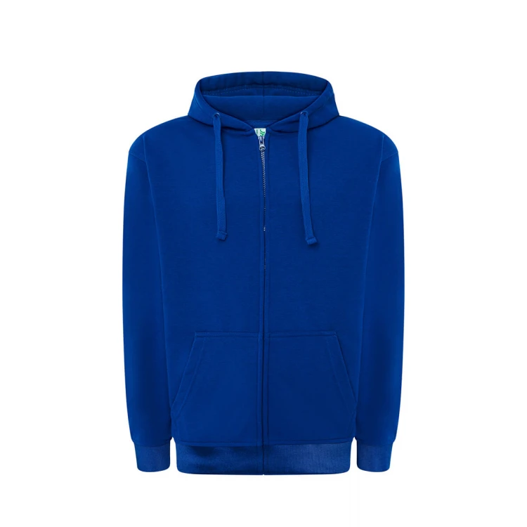 Sudadera hombre JHK con capucha, cremallera íntegra y bolsillos canguro, visible con etiqueta y detalles constructivos