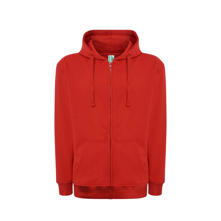 Sudadera hombre JHK con capucha, cremallera íntegra y bolsillos canguro, visible con etiqueta y detalles constructivos
