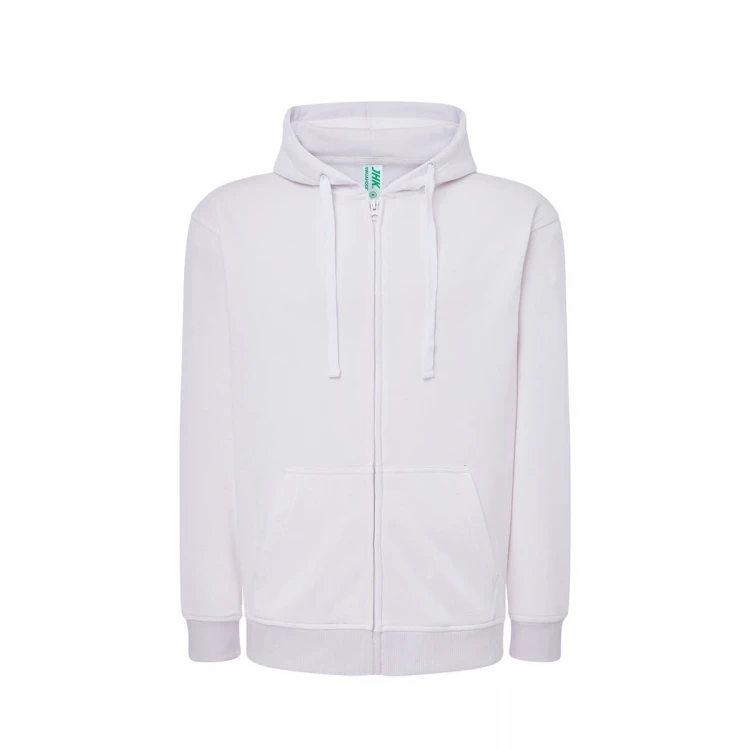 Sudadera hombre JHK con capucha, cremallera íntegra y bolsillos canguro, visible con etiqueta y detalles constructivos