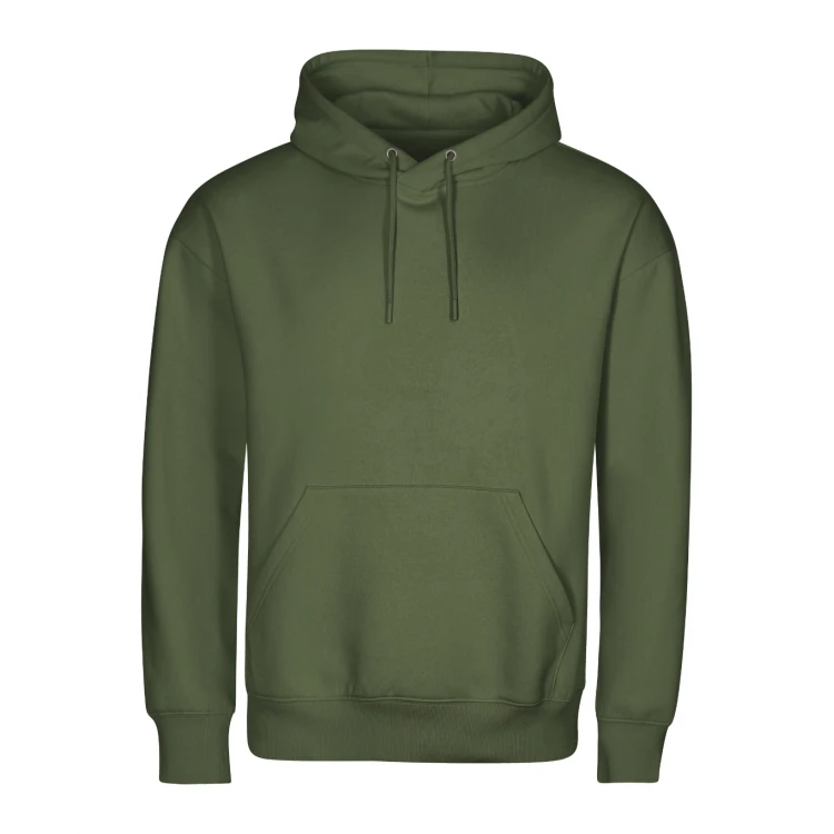 Sudadera con capucha y bolsillo tipo riñonera en algodón orgánico GOTS, lista para personalizar con logo