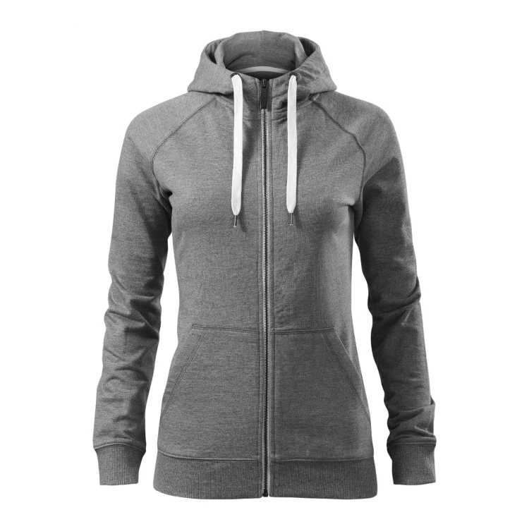 Sudadera gris para mujer con capucha y cremallera completa, vista frontal
