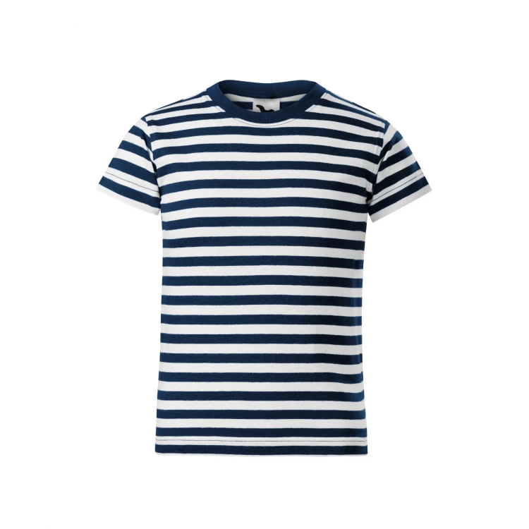 Camiseta a rayas blancas y azul marino para niño, vista frontal, personalizable con logo