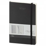 Agenda settimanale Calamus Black chiusa, formato tascabile 9x14 cm in carta avorio, con copertina personalizzabile