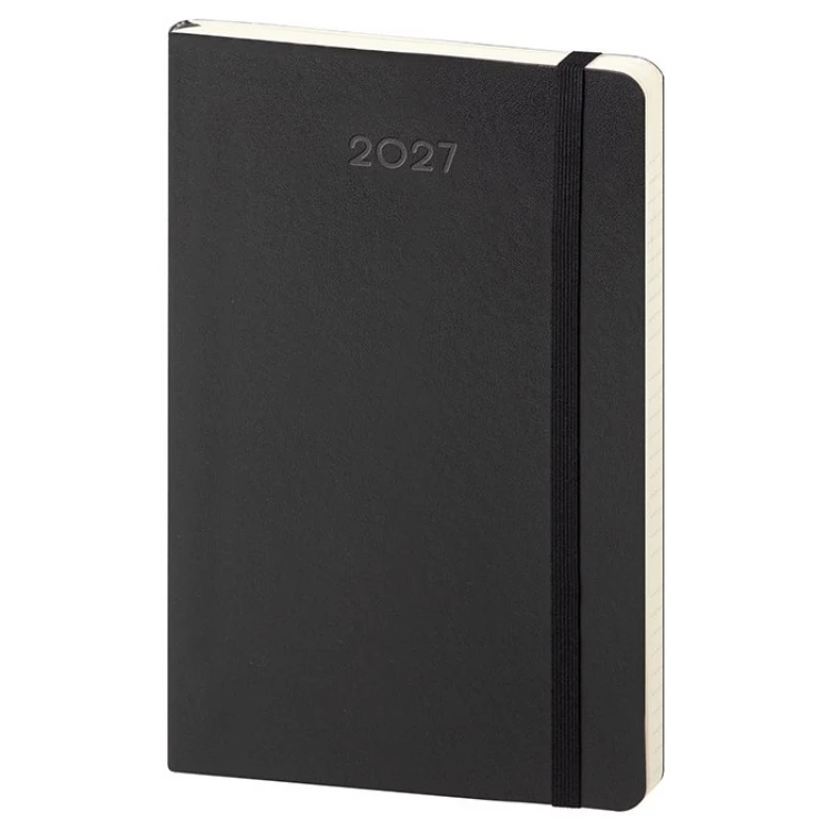Agenda settimanale Calamus Black chiusa, formato tascabile 9x14 cm in carta avorio, con copertina personalizzabile