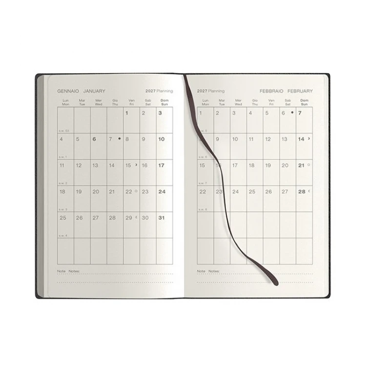 Agenda settimanale Calamus Black chiusa, formato tascabile 9x14 cm in carta avorio, con copertina personalizzabile
