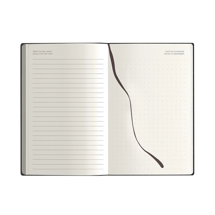 Agenda settimanale Calamus Black chiusa, formato tascabile 9x14 cm in carta avorio, con copertina personalizzabile