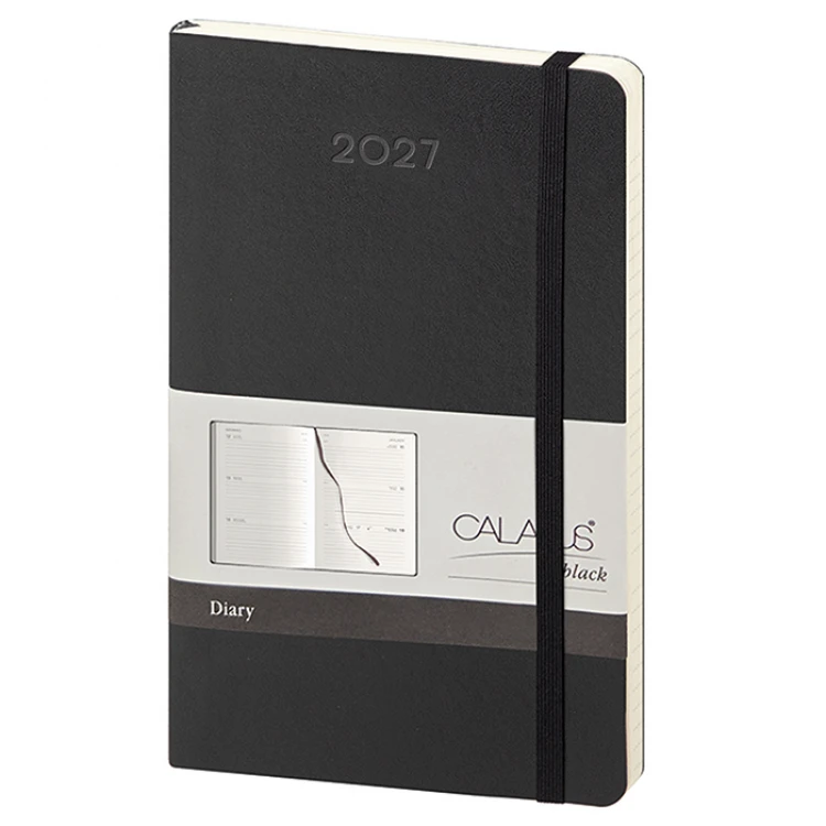 Agenda settimanale Calamus Black 13x21 cm aperta in carta avorio con pagine rigate, planning e stickers inclusi