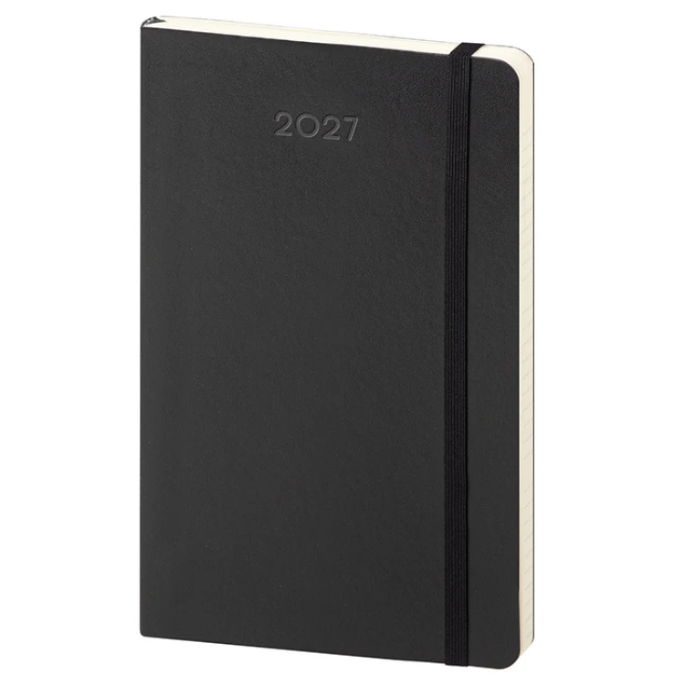 Agenda settimanale Calamus Black 13x21 cm aperta in carta avorio con pagine rigate, planning e stickers inclusi
