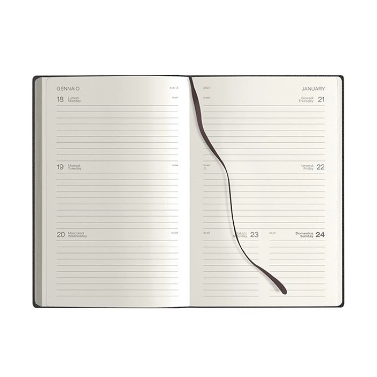 Agenda settimanale Calamus Black 13x21 cm aperta in carta avorio con pagine rigate, planning e stickers inclusi