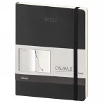 Agenda settimanale Calamus Black in carta avorio, formato chiuso 19x25 cm, con pagine bilingue e area per personalizzazione con logo