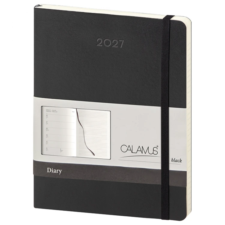 Agenda settimanale Calamus Black in carta avorio, formato chiuso 19x25 cm, con pagine bilingue e area per personalizzazione con logo